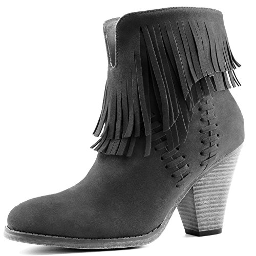 DailyShoes Women's Double Fringe High Top Ankle Booties High Heel Western Cowboy Boot
