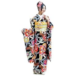 (京都九重) 振袖 ブランド【黒地に松竹梅 花文】日本製 洗える着物 仕立て上がり