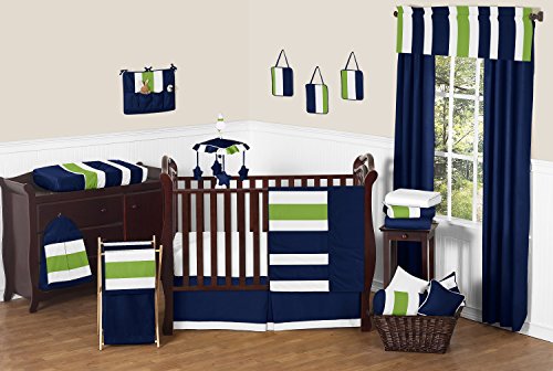 Navy Blue and Lime Green Stripe Baby Boy Bedding 11 Piece Crib Set without bumper