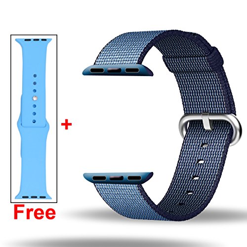 Free Silicone Band,Inteny Apple Watch Band Series 1 Series 2 Colorful Pattern Woven Nylon Band Replacement Wrist Bracelet Strap Buckle for iWatch,42mm,Navy&Tahoe Blue