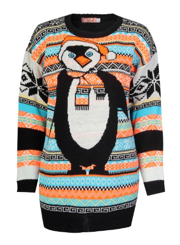 Forever Women's Aztec Penguin Print Neon Christmas Jumper