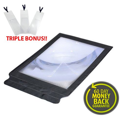 ManiPros Premium 2x Power Full Page Magnifier with 3 Bonus Bookmark Magnifiers- Ideal for For Senior Reading, Hobbies and Crafts, Computer Repair and Low Vision Aids