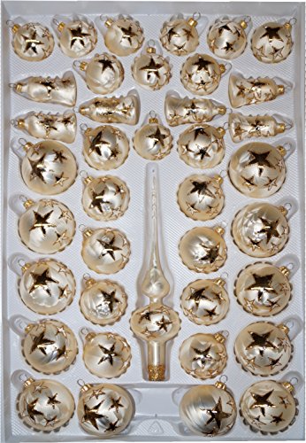 39 pcs Glass-Christmas Ball Set in „Ice Champagne Golden Star“ – Christmas Tree Balls Baubles – Christmas decorations Handmade