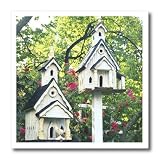 3dRose ht_37411_3 White Wood Bird Houses with Pink Flowers N Trees-Iron on Heat Transfer Paper for White Material, 10 by 10-Inch