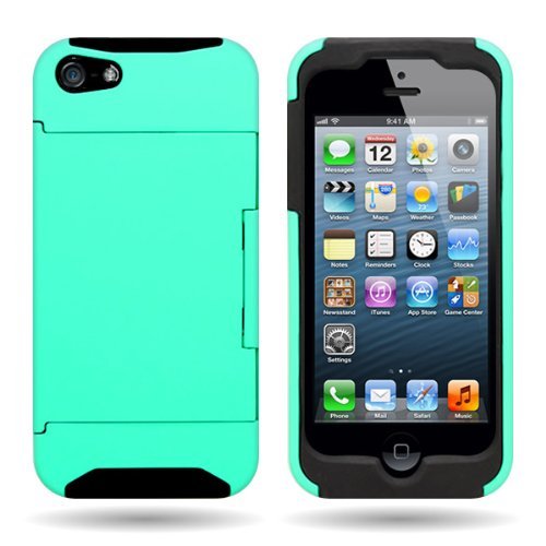CoverON® Hybrid Dual Layer Case with Credit Card Holder for Apple Iphone 5S / 5 - TEAL Hard BLACK Soft Silicone