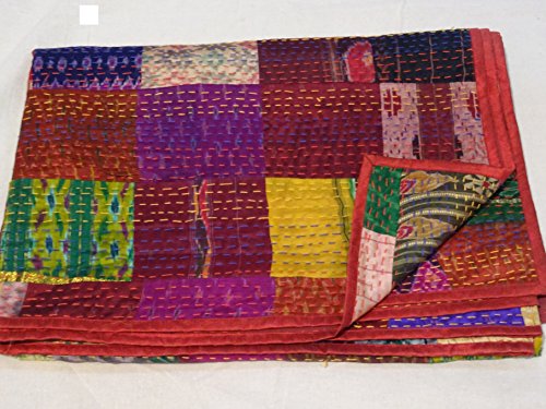 Indian Quilt -Twin Vintage Quilt Old Patola Indian Silk Sari Kantha Quilted Patchwork Bedspread Bohemian Kantha Throws, Gudari Handmade