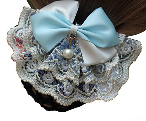 Korean Style Elegent Lace Bow Bowknot Pearl Mesh Elastic Snood Net Hairnets Barrette Hair Clip Accessories Decor Bun Cover Blue, Two ways to wear