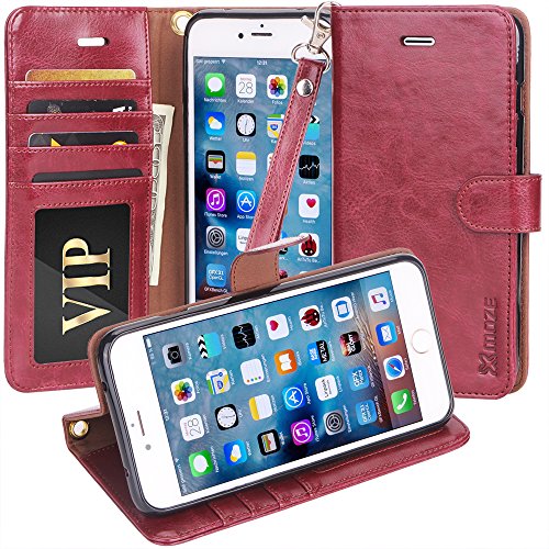 iPhone 7 Case, Moze iPhone 7 Wallet Case [4 Card Slots ] [Wrist Strap] [Stand Feature] PU Leather Flip Wallet Case Cover for iPhone 7 (4.7) - Wine Red
