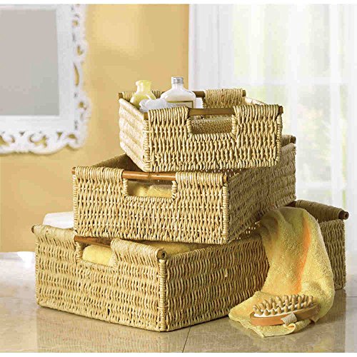 

Pack of 3 Home Decor Woven Corn Husk Nesting Baskets w Bamboo Handles