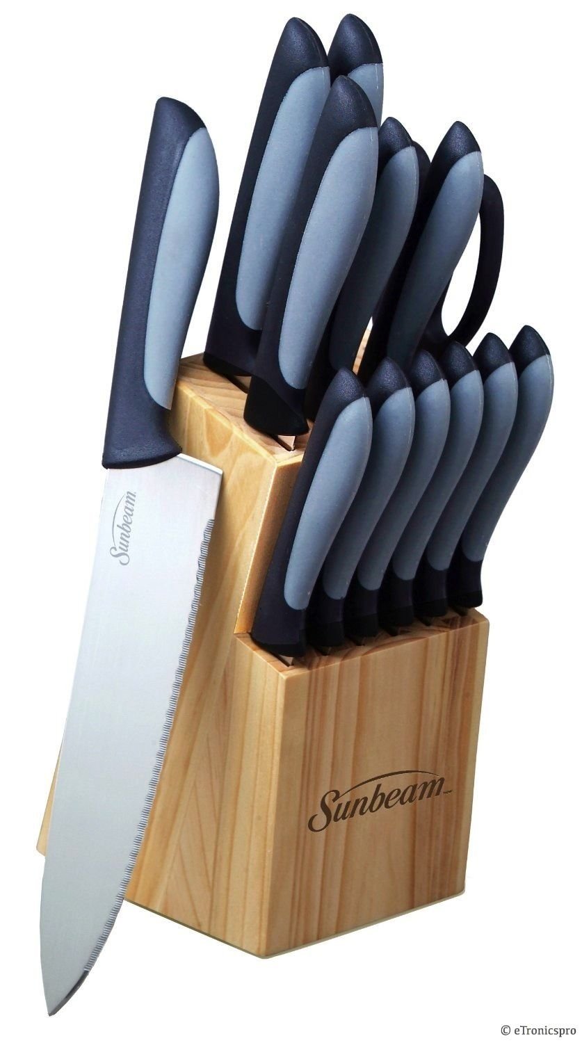 

Durant Sunbeam Cutlery Kitchen Knife Knives Set Stainless Steel Pine Wood Block