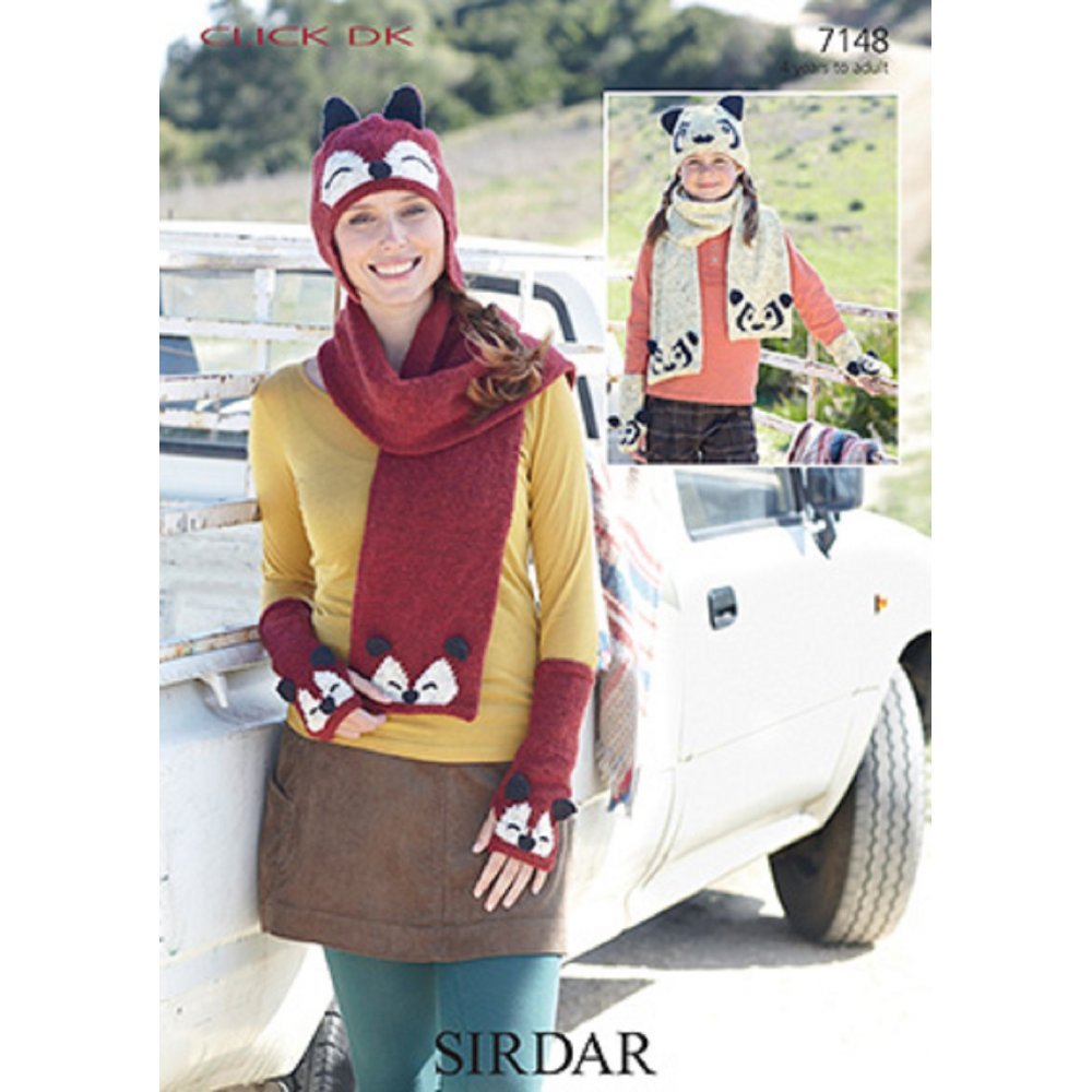 

Sirdar Click DK Fox and Panda Hat, Scarf and Mitten Set Knitting Pattern 7148