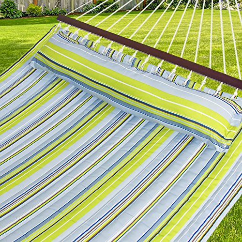 Best Choice Products Hammock Quilted Fabric With Pillow Double Size Spreader Bar, Blue and Green Stripe