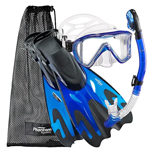 Phantom Aquatics Legendary Mask Fin Snorkel Set with Mesh Bag, Blue, Medium/Large