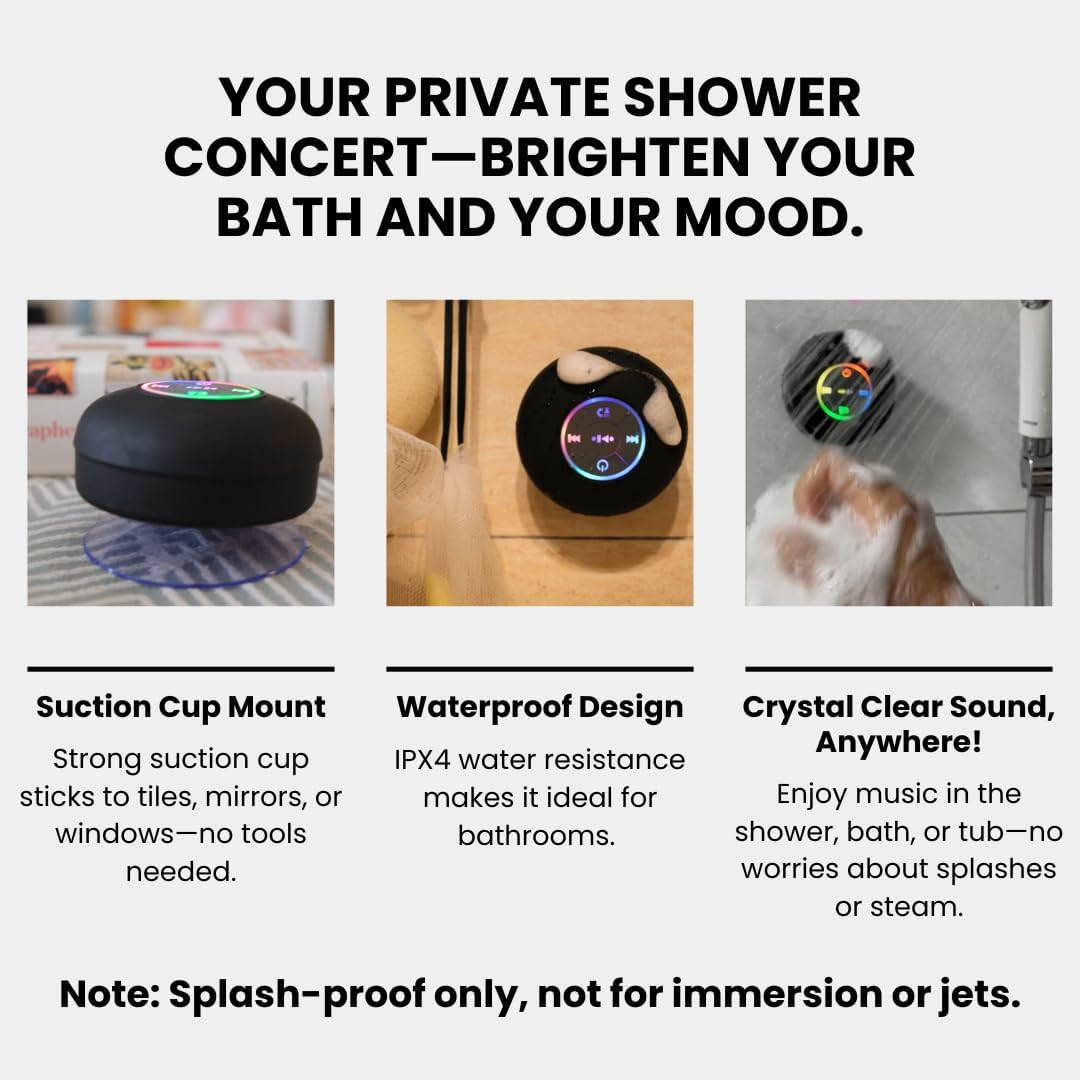 Bluetooth Shower Speaker With LED – Portable Wireless Mini Speaker With Mic & Suction Cup, IPX4 Water Resistant For Shower, Travel,Pool,River Floating_voghion.com