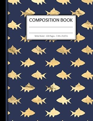 Composition Book: 120 Wide Ruled Page Exercise Book - For Kids Teens Boys Girls in Elementary or High School - Matte Cover with Gold Fish Pattern - 7.44 x 9.69 Inches