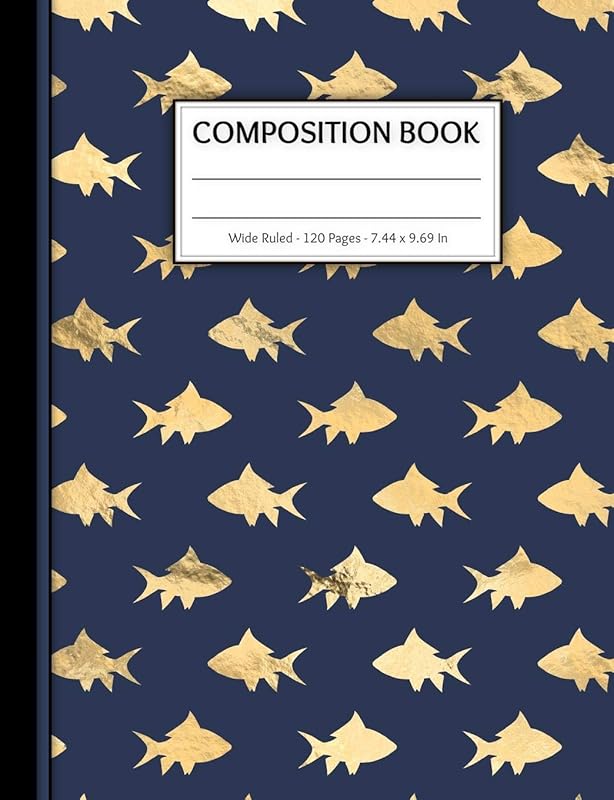 Composition Book: 120 Wide Ruled Page Exercise Book - For Kids Teens Boys Girls in Elementary or High School - Matte Cover with Gold Fish Pattern - 7.44 x 9.69 Inches by Cartinal Journals & Notebooks