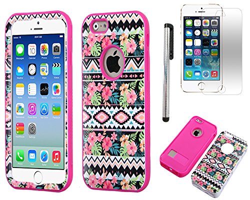 Iphone 6 case, Slim Fit IPhone 6 (4.7 inch) Hybrid Triple Layer Tuff Verge Merge Shield Heavy Duty Hard Cover Fitted Skin Case Protector + Clear LCD Screen Protector Shield Guard + Touch Screen Stylus Pen (Hawaiian Tribal Pink Verge)