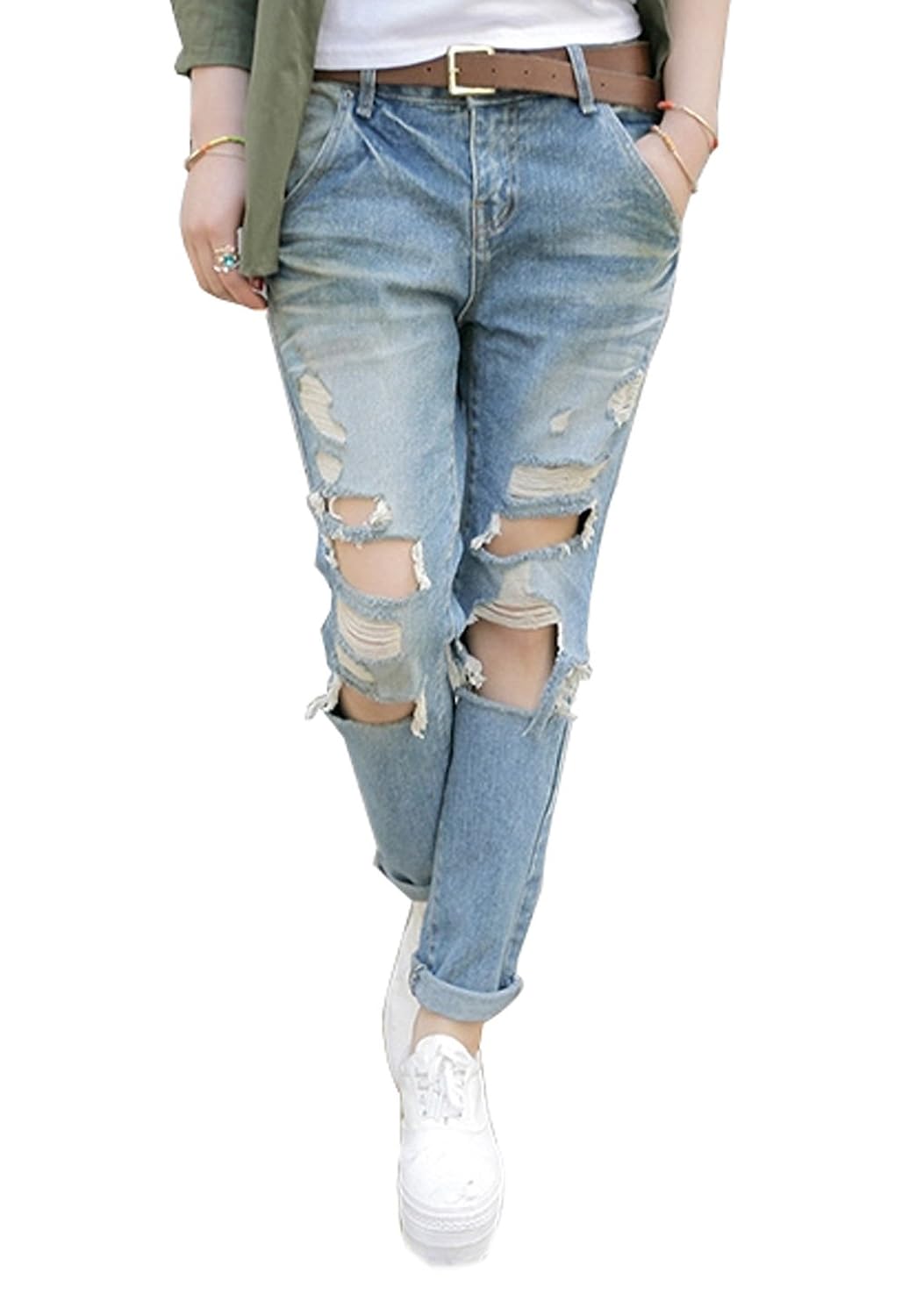 

Hole Tide Women's Loose Ripped Holes Opening Denim Crop Jeans