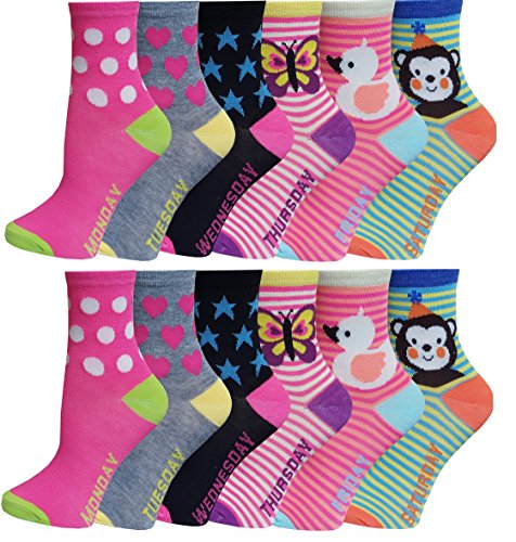 12 Pairs Pack Kids Girls Colorful Creative Fun Novelty Design Crew Socks