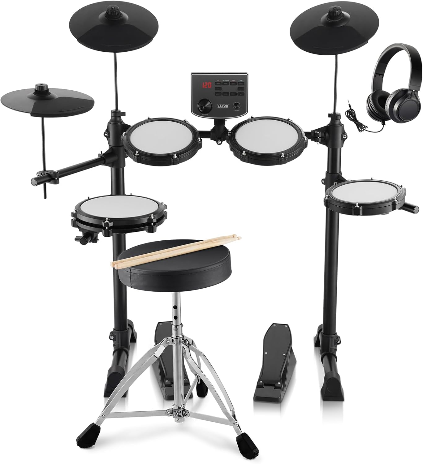 VEVOR Electric Drum Set, 15 Drum Kits & 150 Sounds, USB MIDI Supported, 8 In Quiet Mesh Snare, With Drum Sticks & Headphone, For Beginners & Adults_voghion.com