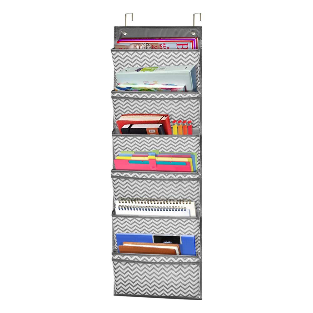 ZKOO Door Hanger Organizer, Hanging Mount File Folders Organizer, Grey Wave Pattern Wall File for School, Mail, Magazine, Dorm Room, Office, 6 Extra Large Pockets and 2 Hook
