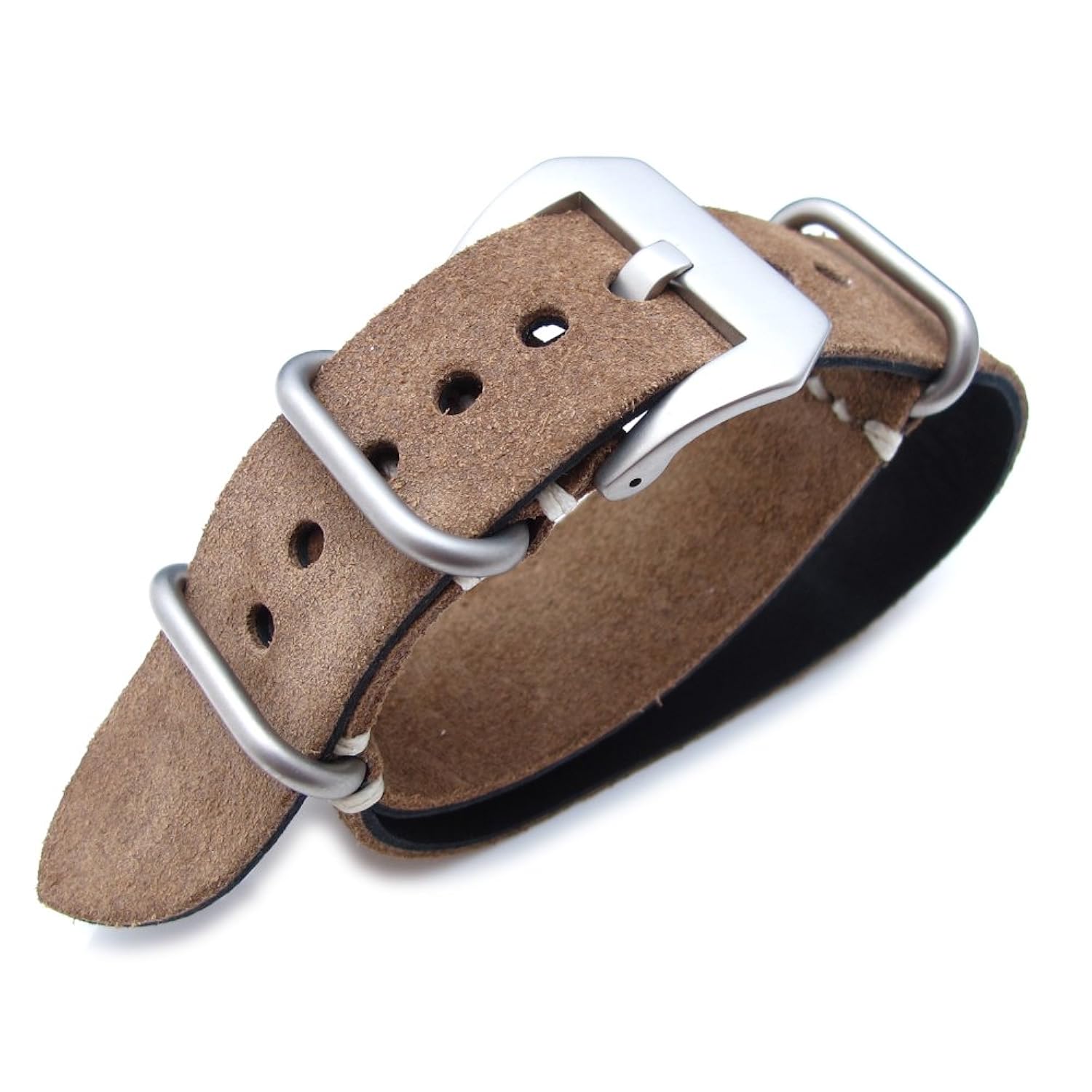 

MiLTAT 20mm Nubuck Leather Grezzo Zulu watch strap Brown Thick armband - Beige Hand Stitch