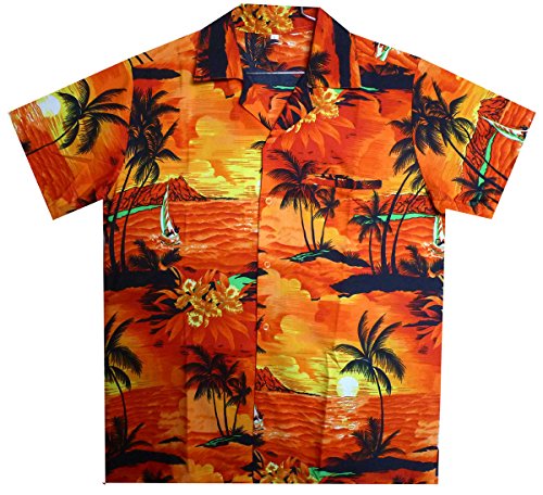 V.H.O. Funky Hawaiian Shirt For Men Short Sleeve Front-Pocket Surf Beach Orange