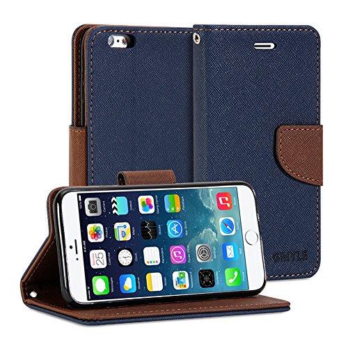 iPhone 6 Plus Case, GMYLE [Wallet Stand] iPhone 6 Plus 5.5 Case Wallet [Navy Blue & Brown] Premium Synthetic Leather Wallet Case Cover with STAND Flip Cover for iPhone 6 Plus (5.5) - Navy Blue & Brown