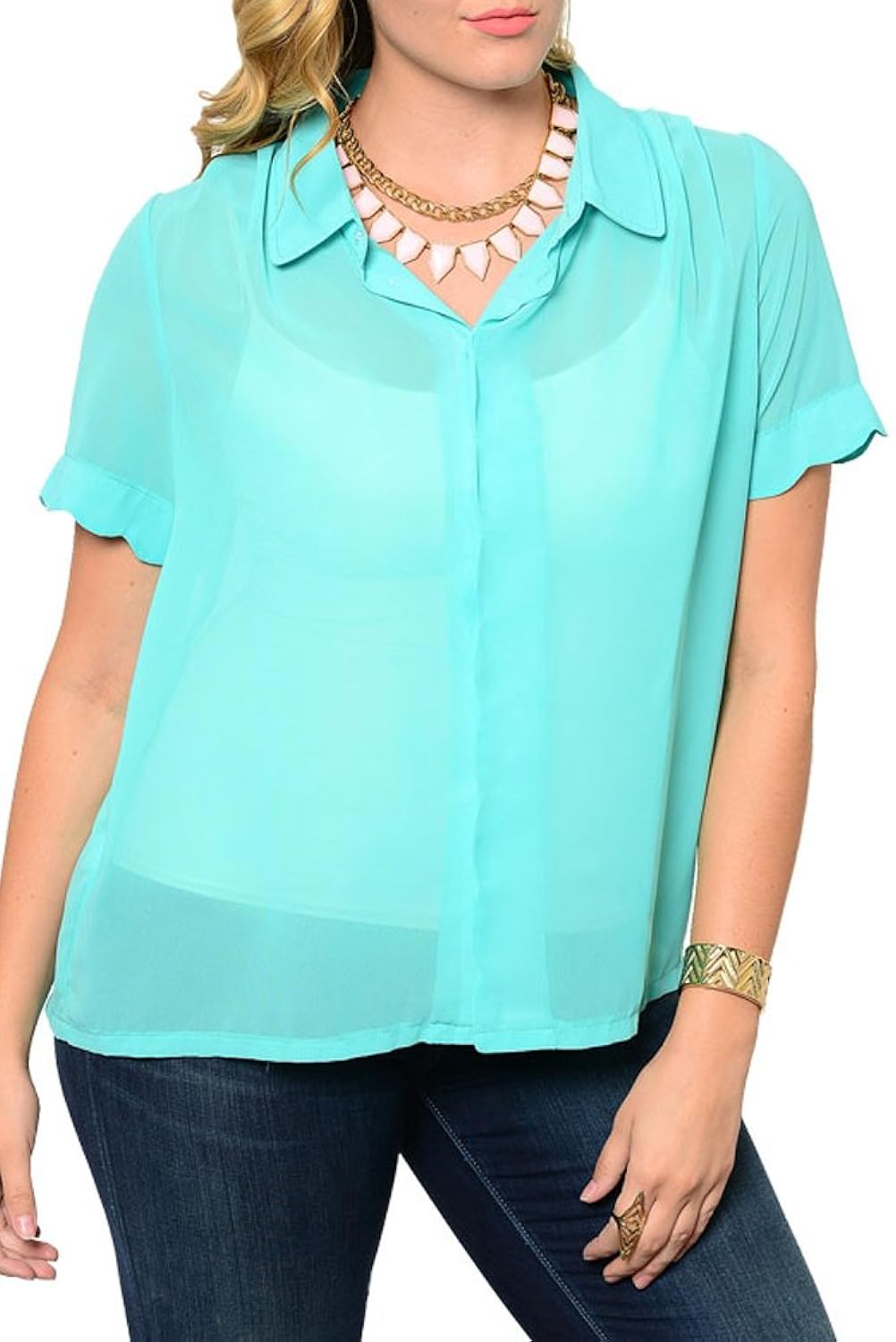

DHStyles Women's Plus Size Sexy Sheer Chiffon Collared Dressy Top