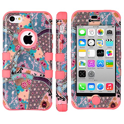 iPhone 5C Case, ULAK Hybrid High Impact Soft and Hard Combo Case for Apple iPhone 5C Floral Patchwork Pattern With Screen Protector and Stylus (SEEING SOUND/Coral Pink Silicone