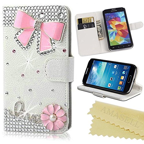 AMASELL Samsung Galaxy Core Prime Bling Crystal Diamond Handmade Folio Wallet Stand PU Leather Case with cash/card holder For Samsung Galaxy Core Prime, Galaxy Win 2, pink bowknot