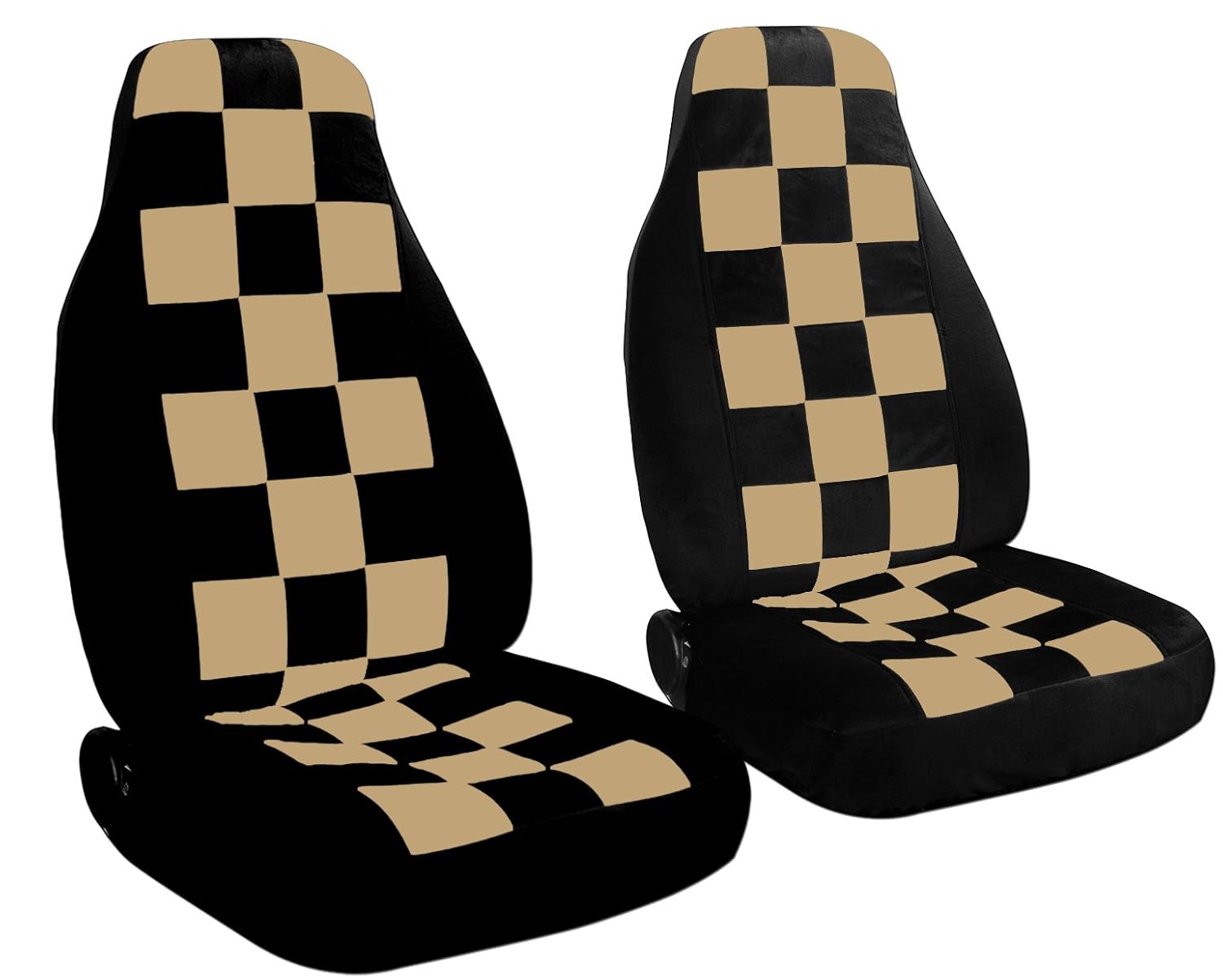 

2 Black and Tan Checkered seat covers for a 2010 to 2013 Chevrolet Equinox. Side airbag friendly.