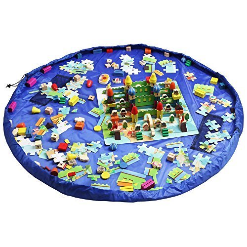 Homecube Large 60 Inch diameter Portable Kids Toy Storage Bag and Play Mat Lego Toys Organizer Folds Up Quickly & Easily into A Shoulder Bag,Perfect for Nursery Storage and Organization (Blue)