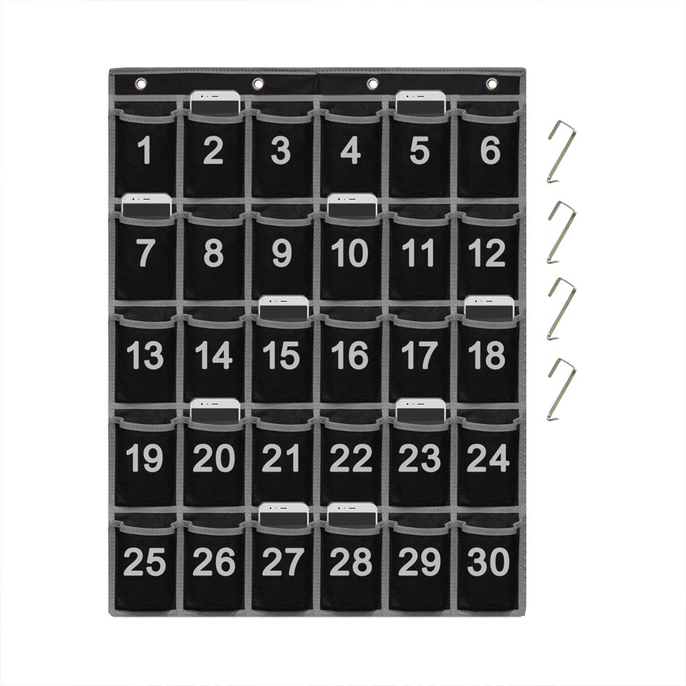 ZKOO Numbered Classroom Sundries Closet Pocket Chart, Cell Phones Calculator Holder, Wall Door Hanging Organizer With 4 Door Hooks (30 Pockets Black Grey)