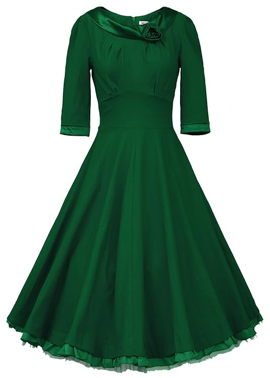 MUXXN® Ladys 1950s Rockabilly 3/4 Sleeve Swing Vintage Dress (L, Green)