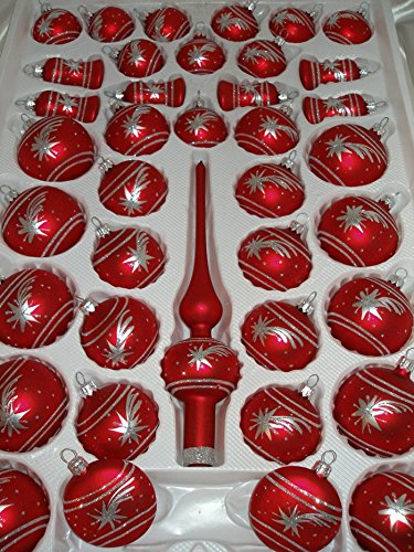 39 pcs Glass-Christmas Ball Set in „Classic Red Silver“ Comet – Vintage Christmas Tree Balls Baubles – Christmas decorations Handmade