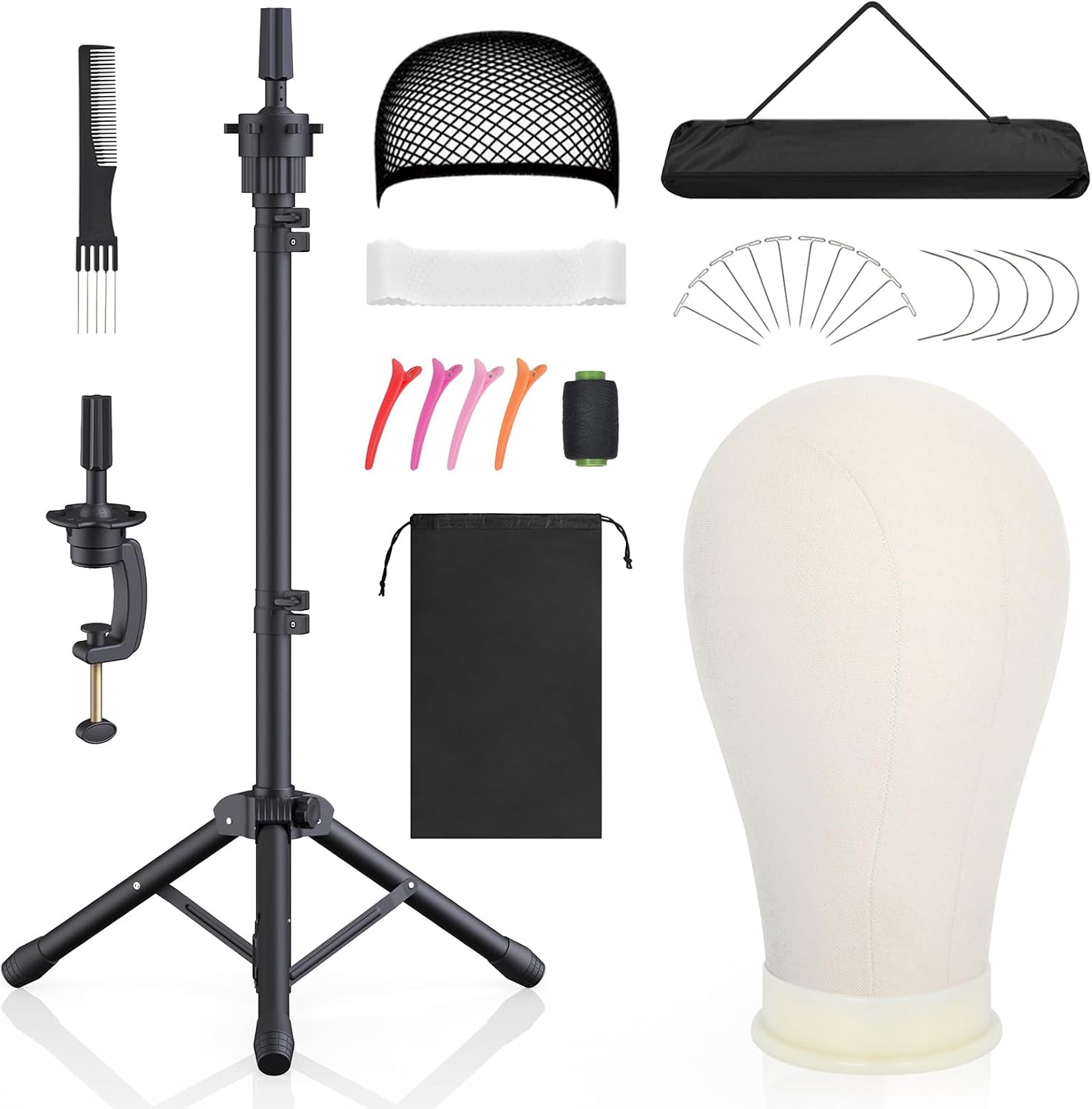 Hemndic Wig Stand With Head, Height Adjustable Wig Stand, Wig Head Stand With Mannequin Head With Extra Wig Head Clamp Stand_voghion.com