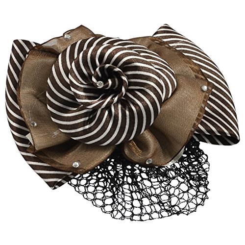 Women Coffee White Striped Flower Barrette Snood Net Hair Clip