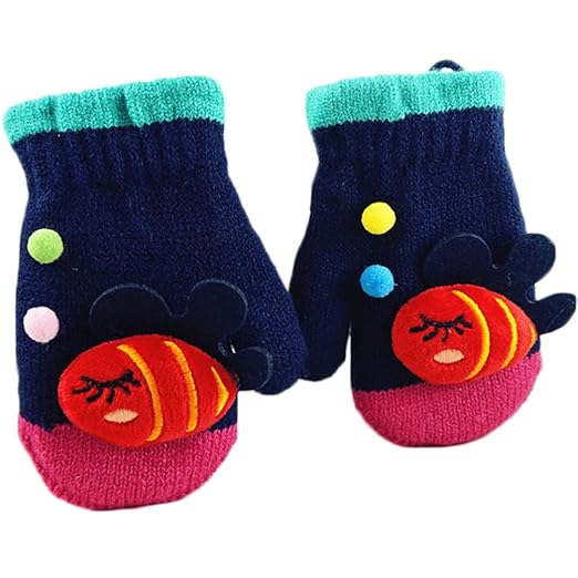 Smartlife Baby Boy Girl Super Warm Wool Yarn Knit Mittens for Kids 2-6 Years (Fish) (Dark Blue)