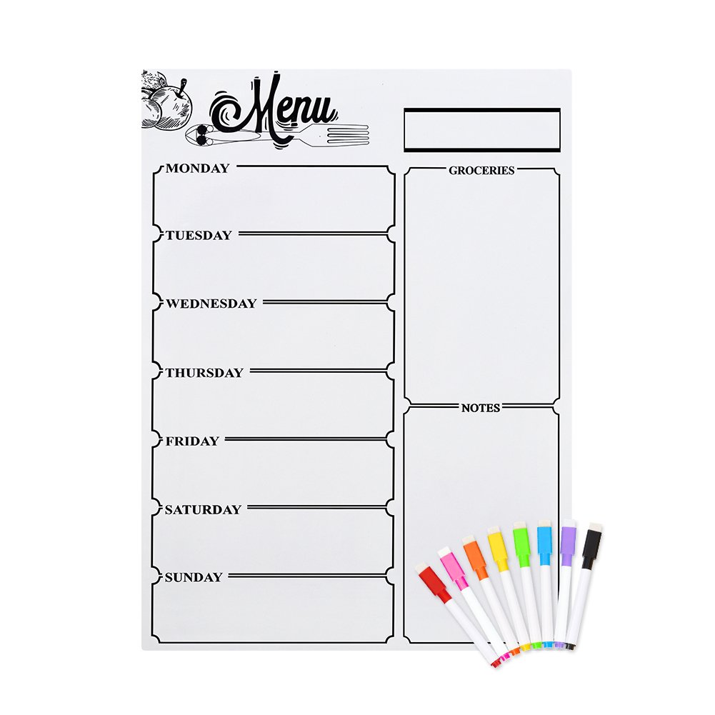 ZKOO Menu Meal Planner Dry Erase Magnetic for Refrigerator, Weekly Meal Planner Refrigerator Board for Kitchen Fridge with 8 Color Magnetic Markers (White)