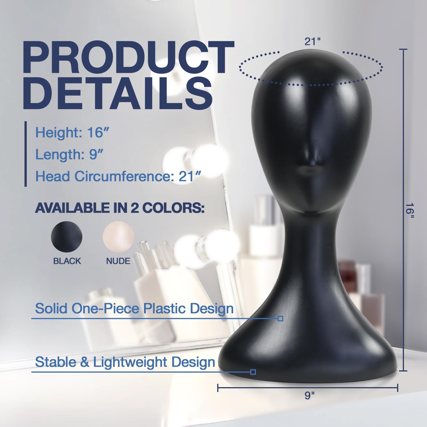 Testa di manichino professionale in plastica Studio Limited da 16 pollici (nera), supporto resistente per parrucche da donna, espositore per acconciature, supporto per la creazione di modelli con jack_voghion.com