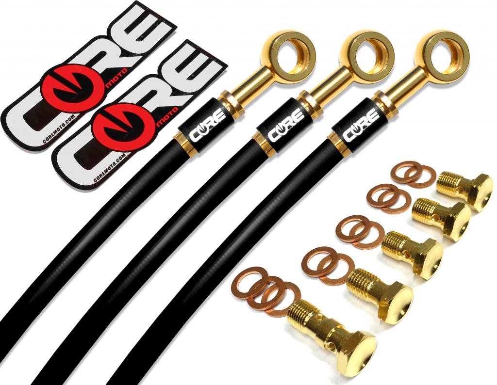 

Core Moto - Kawasaki ZX6R 1998-1999 Performance Brake lines Front and Rear Combo - Black lines 24K Gold Plated banjos and bolts Black Logo Tags