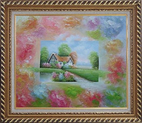 

Lakeside Cabin in Flower-land Oil Painting, with Exquisite Gold Wood Frame 26x30 Inch