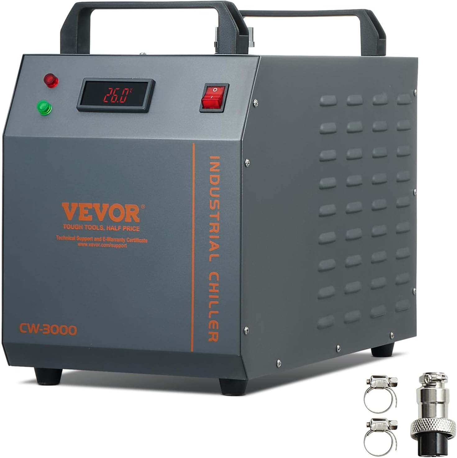 Refrigeratore d'acqua industriale VEVOR, CW-3000, sistema di raffreddamento aria-acqua 80W, capacità serbatoio acqua 12L, portata massima 12L/min per macchine per incisione laser_voghion.com