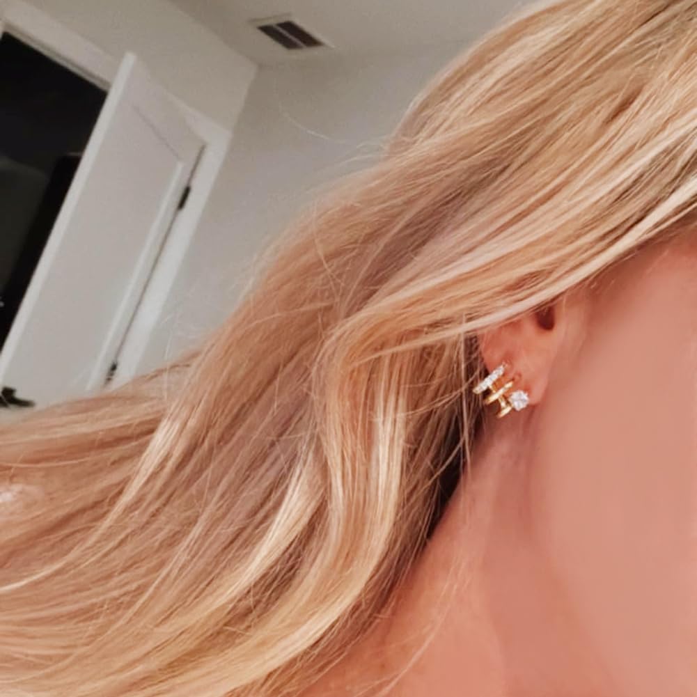 Obidos 14K Gold Plated Triple Huggie Hoop Earrings Illusion One Hole Stud Earrings Hypoallergenic Trendy Simple Gold Jewelry Accessories Gift For Wome_voghion.com