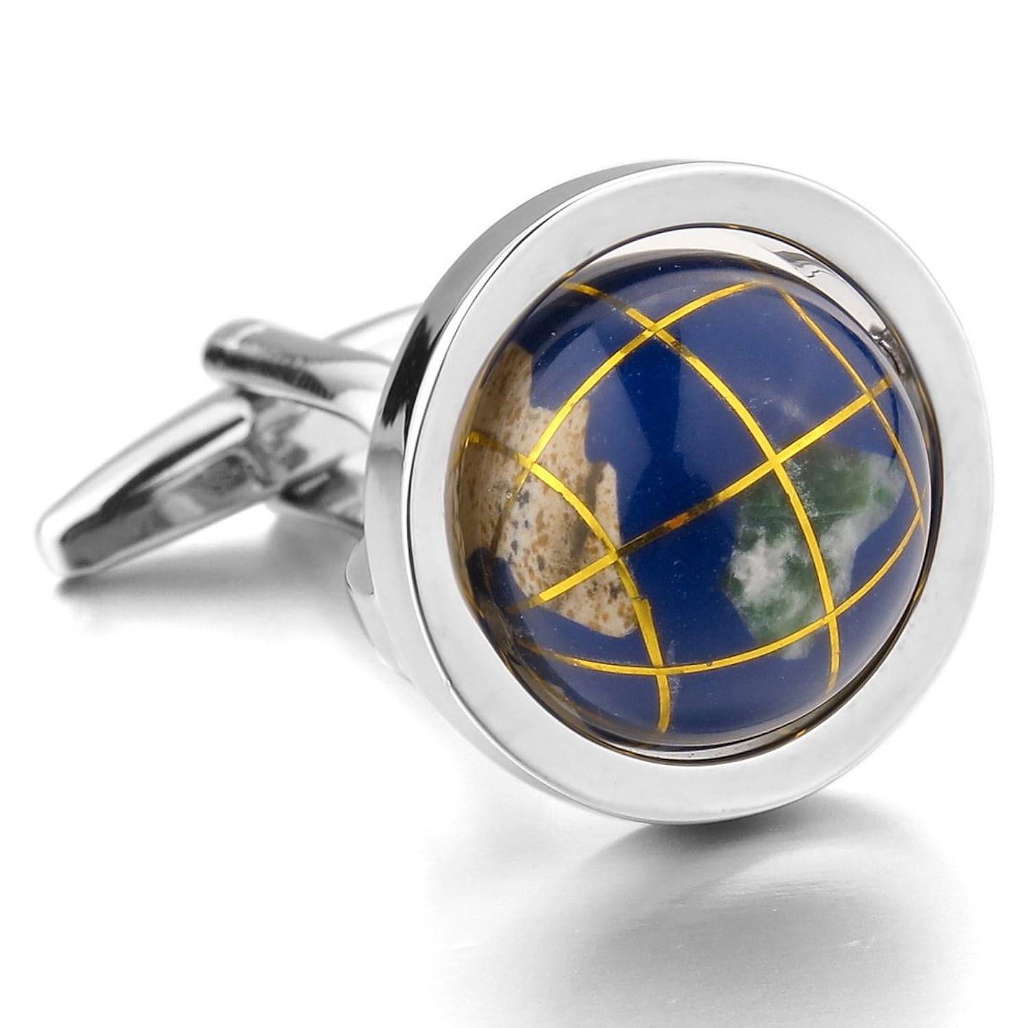 

Men's Rhodium Plated Cufflinks Silver Blue Globe Shirt Wedding (with Gift Bag)