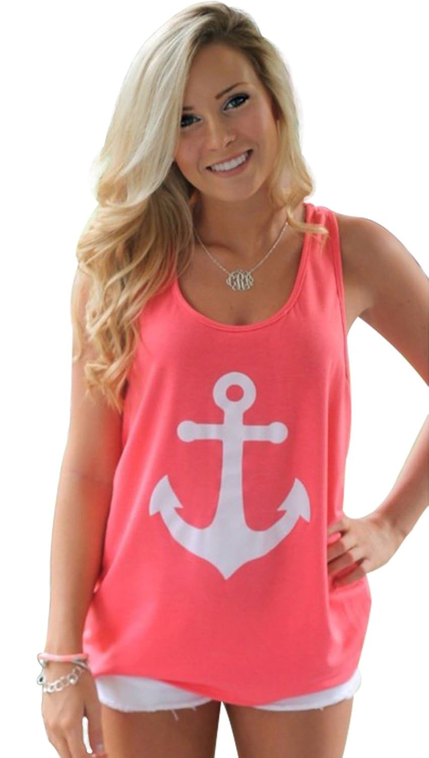 

Imvation Women Girls Sleeveless Halter Backless Low O-Neck Anchor Print T-Shirt Vest