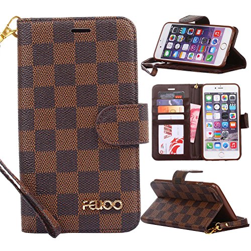 iPhone 7 Case,GX-LV iPhone 7 Classic Plaid Pattern Wrist Strap Leather Wallet Case Cover with Card Slots for Apple iPhone 7, GX-LV® Retail Packaging,Brown