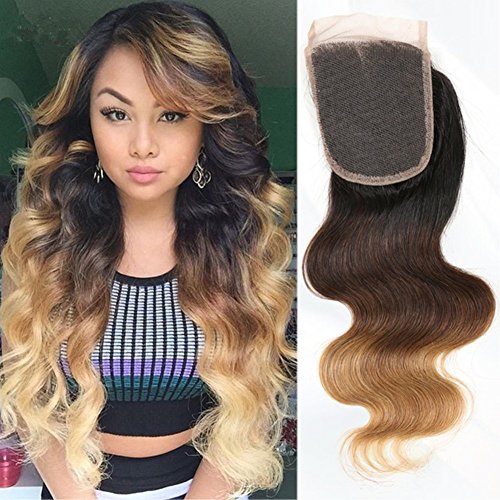 Moresoo Body Wave Natural Black to Chocolate Brown and Cameral Blonde #1B/4/27 Bleach Knots Lace Top Closure 4*4 Straight Human Hair 10 inch