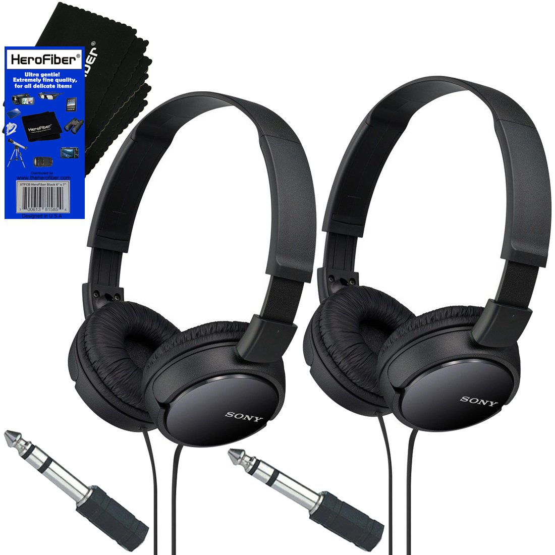 

Sony MDRZX110 ZX Series Stereo Headphones (Black) with 3.5mm Mini Plug to 1/4 inch Headphone Adapter & HeroFiber® Ultra Gentle Cleaning Cloth (2 Pack)